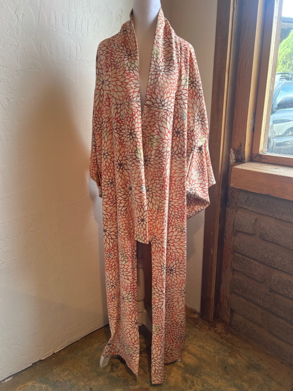 Vintage Silk Floral Kimono Duster in Coral and Cream